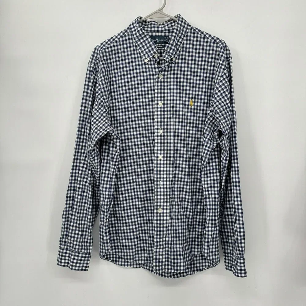 Polo Ralph‎ Lauren XL Button Down Shirt Mens Navy Blue Gingham Custom Fit Pony
